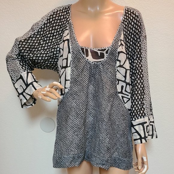 BURNING TORCH COTTON/SILK IKAT PRINT TUNIC BLOUSE TOP L Boho Lagenlook